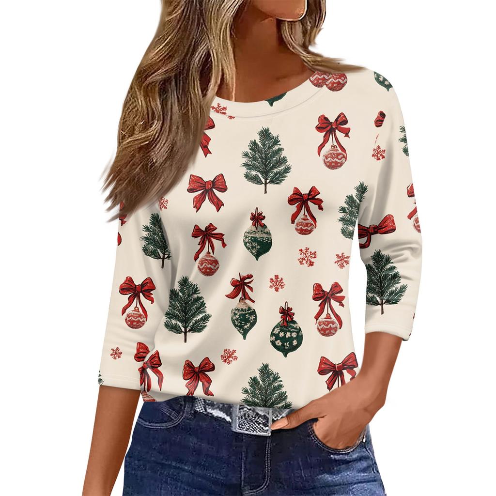Dámský vánoční potisk s 3/4 rukávem do O-neck