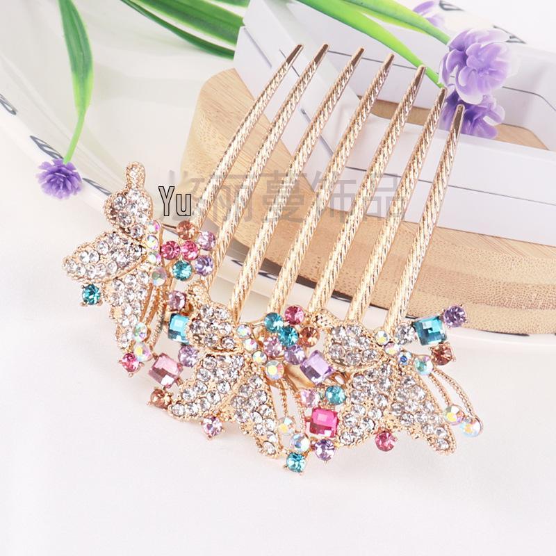 Butterfly Diamond Inlaid Crystal Hair Comb - Seven-Tooth Metal Hair Bun Maker & Hair Clip Accessory