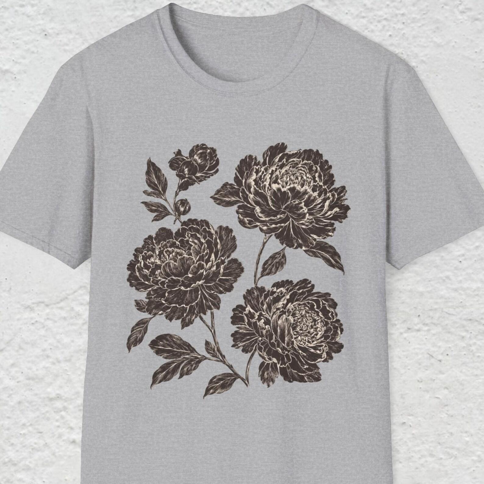 Peony Flower Shirt, Botanical Floral Tee, Black Flower Shirt, Nature Flower T shirt, Garden Flower Tee, Peony Bouquet T shirt 3XL
