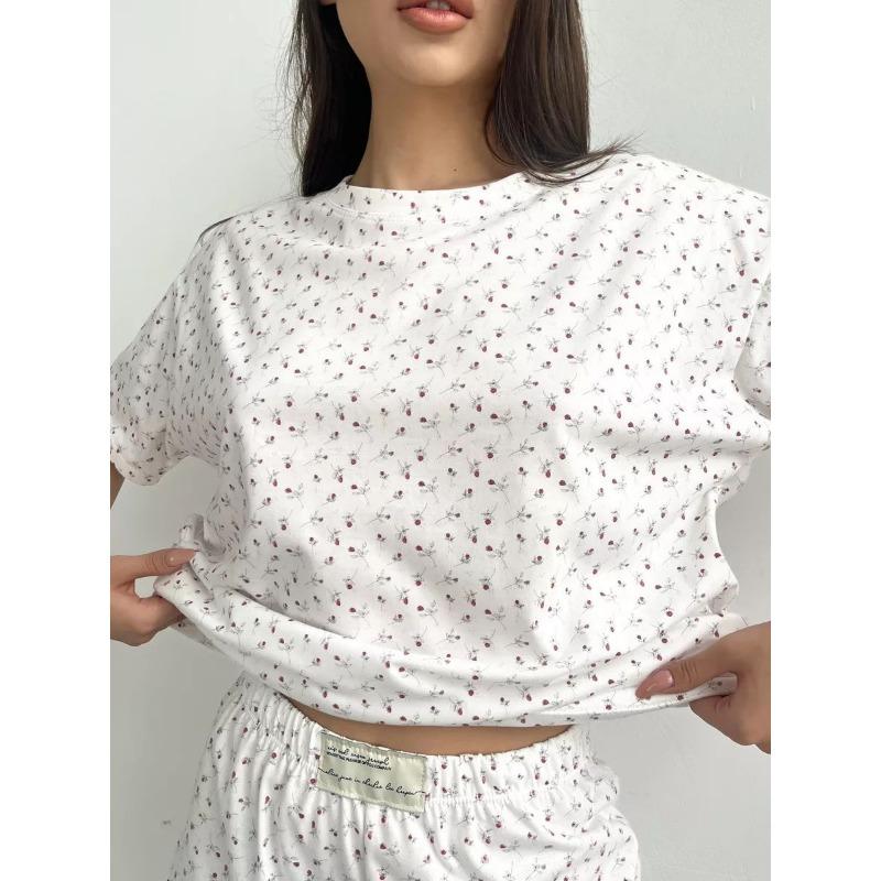 VEZFAA Damenmode Casual Sommer Frühling Blumenmuster Druck Kurzarm O-Ausschnitt Hosen Hosenanzüge