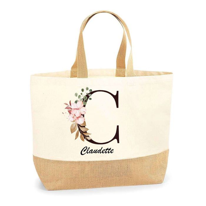 Cabas de plage - PLANETEE - Claudette - Lettre Fleur - Jute naturel - Fabriqué en France