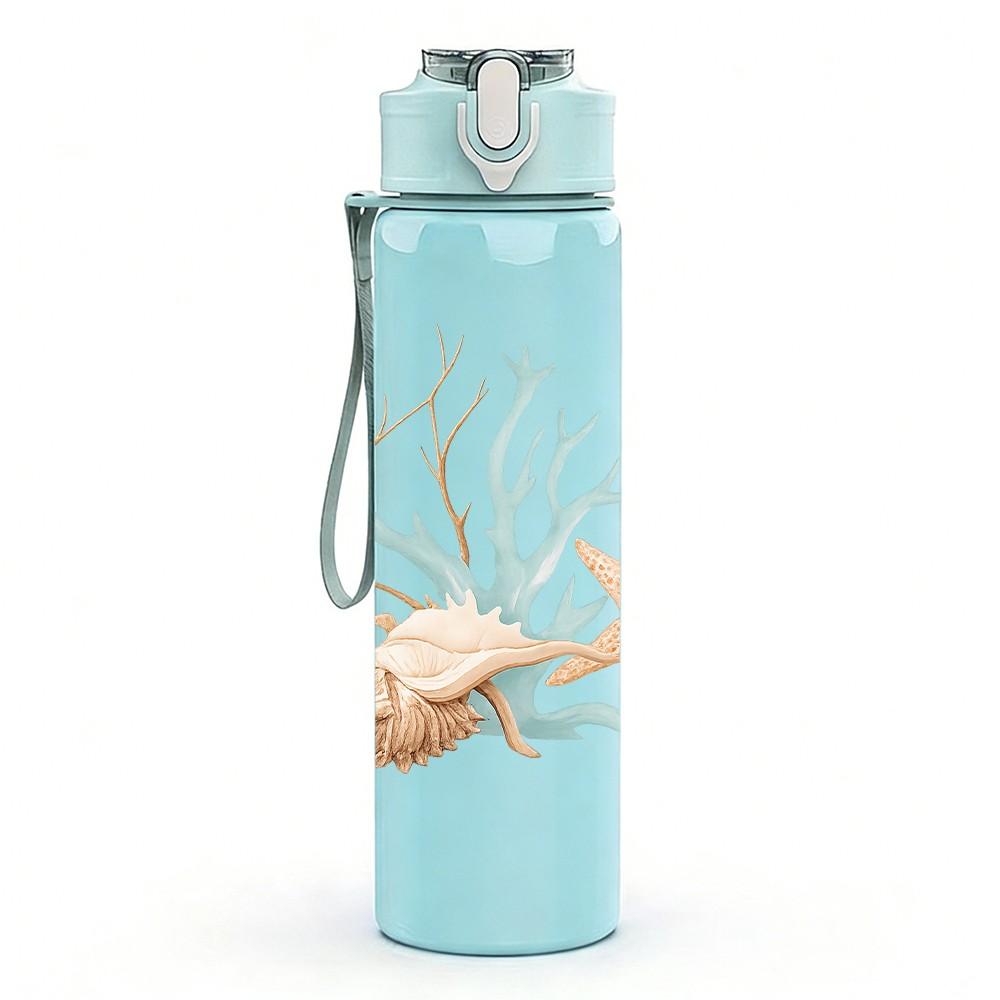 1PC Coral Starfish Ocean Art Print 750ml Color Plastic Sports Water Bottle Leakproof Flip Straw Lid Suitable for Sports Office Home Use