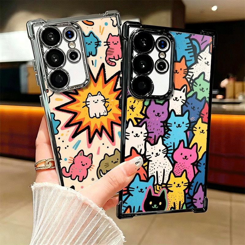 Cartoon Cute Cats Theme Plating Phone Case For Samsung Galaxy S24 S25 FE S26 Edge S23 Ultra S22 S21 Plus S20 Anti-Fall Airabag C