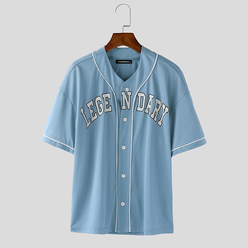 INCERUN Men Collarless Short Sleeve Letter Print Tops Casual  Summer T-shirts