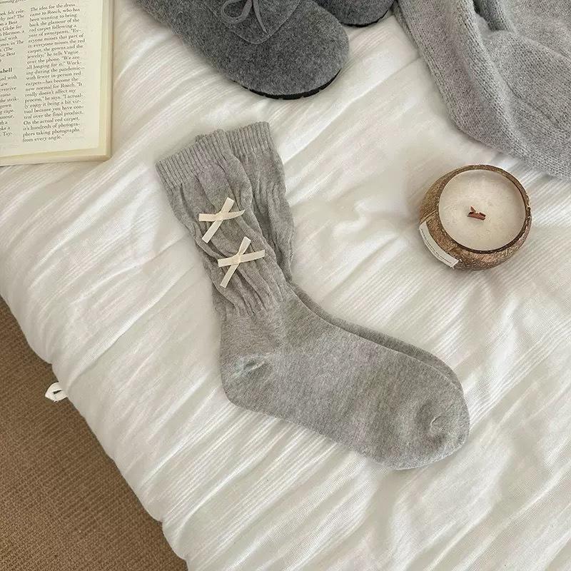 Bow Socks Women'S Mid-Tube Socks Spring And Autumn Cotton Socks Girl Cute White Ballet Style Spring Stockings