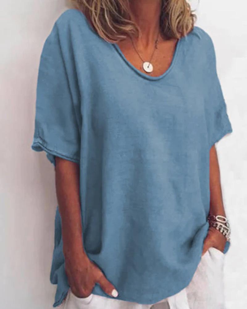Women S V Neck Short Sleeve Solid Color Loose Casual T Shirt S синий