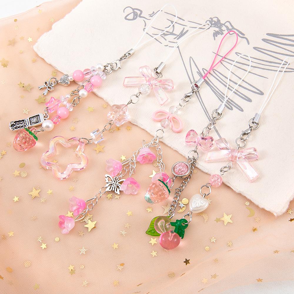 1Pc Phone Charm Pendant Cute Kawaii Pink Bowknot Keychain Bag Phone Strap Girl Cellphone Lanyard Keyring Birthday Jewelry DIY