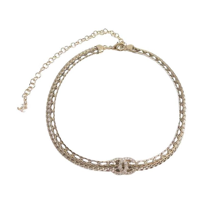 

CHANEL Sheepskin White Crystal Leather 18K Gold Necklace Women s