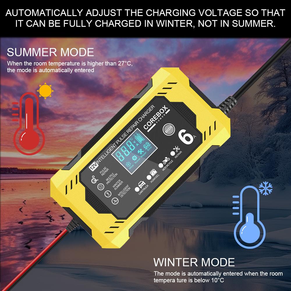 6A 12V For Lead Acid AGM Gel Batteries Charging Car Battery Chargers Intelligent Pulse Repair Household Storage Cell Charger