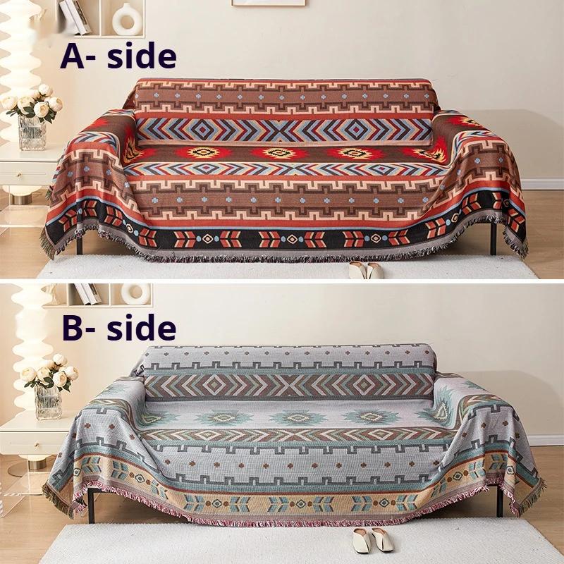 1Pc New Modern Style Linen-cotton Double Face Usable Sofa Blanket with Tassels Decor Multi-purpose for Living Room,Bedroom Sofa