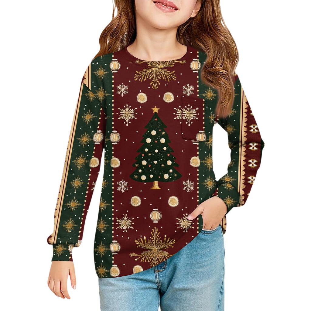Christmas Day Girls' Long Sleeve Blouse - Round Neck Soft Waist Tunic