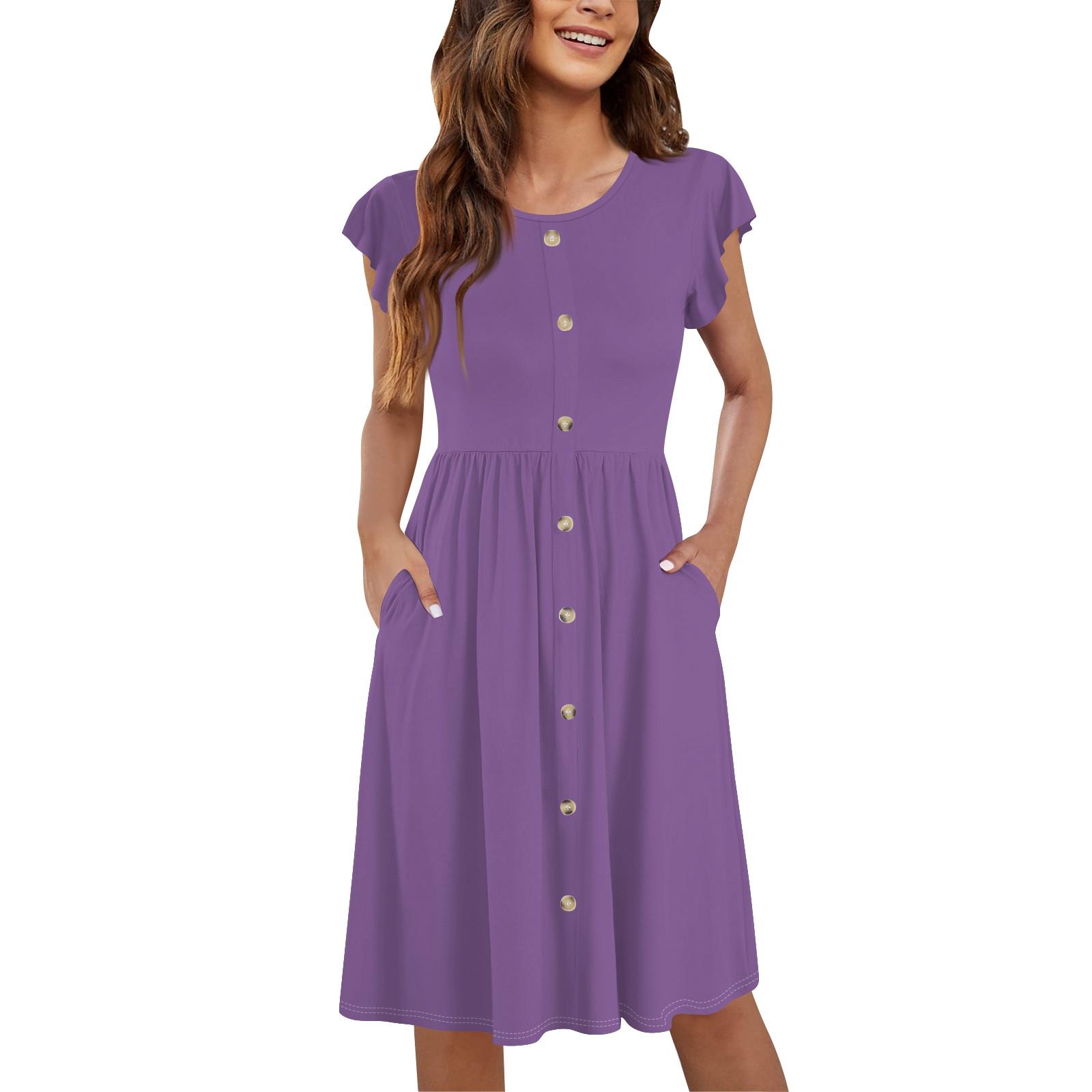 

Жіночі літні повсякденні вільні сукні міді з круглим вирізом і широкими рукавами з кишеньковими ґудзиками S фіолетовий