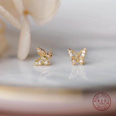 925 Silver Korean Inlaid Crystal Butterfly Stud Earrings Women Classic Daily Jewelry Exquisite Quality