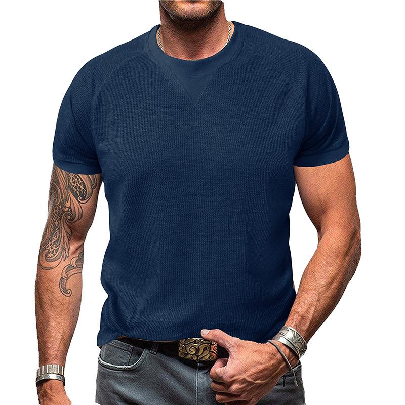Men White Waffle Knit Crew Neck Short Sleeve T-Shirt Casual Solid Top
