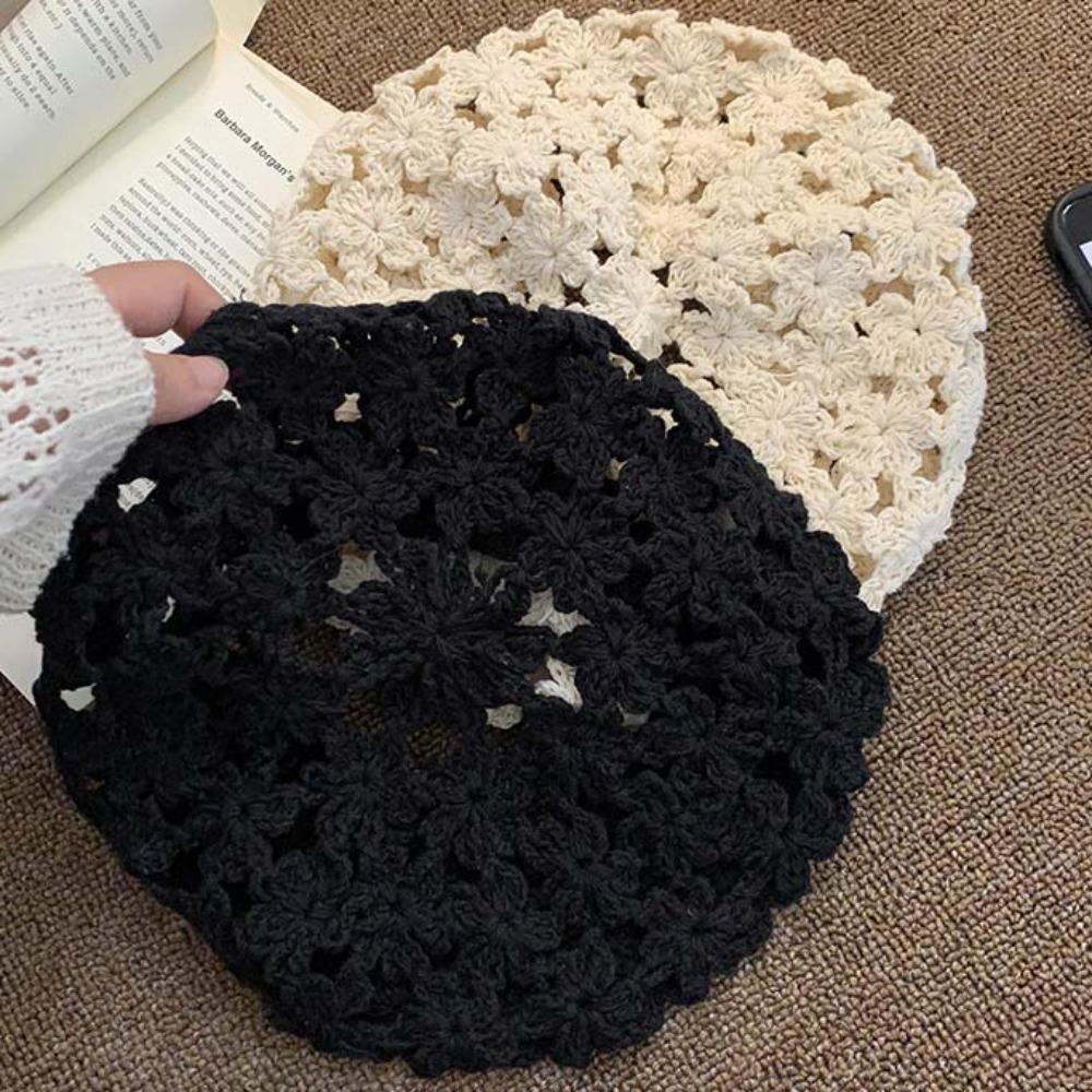 Breathable Lace Hollow Flower Hat Linen Spring Crochet Knitted Cap Hollowed Out Beret Hat  Girls