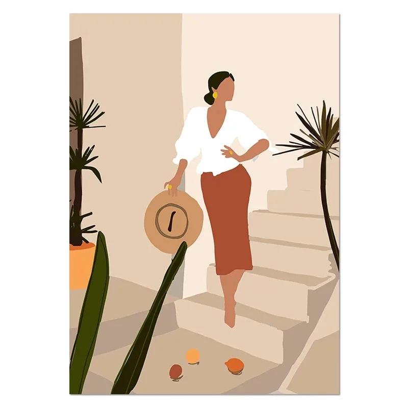 Bohemian Fashion Abstract Girl Art Canvas Painting Nordic Posters and Prints Wall Art Pictures for Living Room Home Decoration