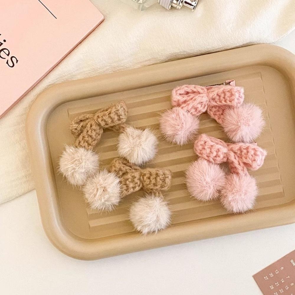 Cute pink bow hairpin side bangs clip duck bill clip sweet knitted hairball autumn and winter hair accessories