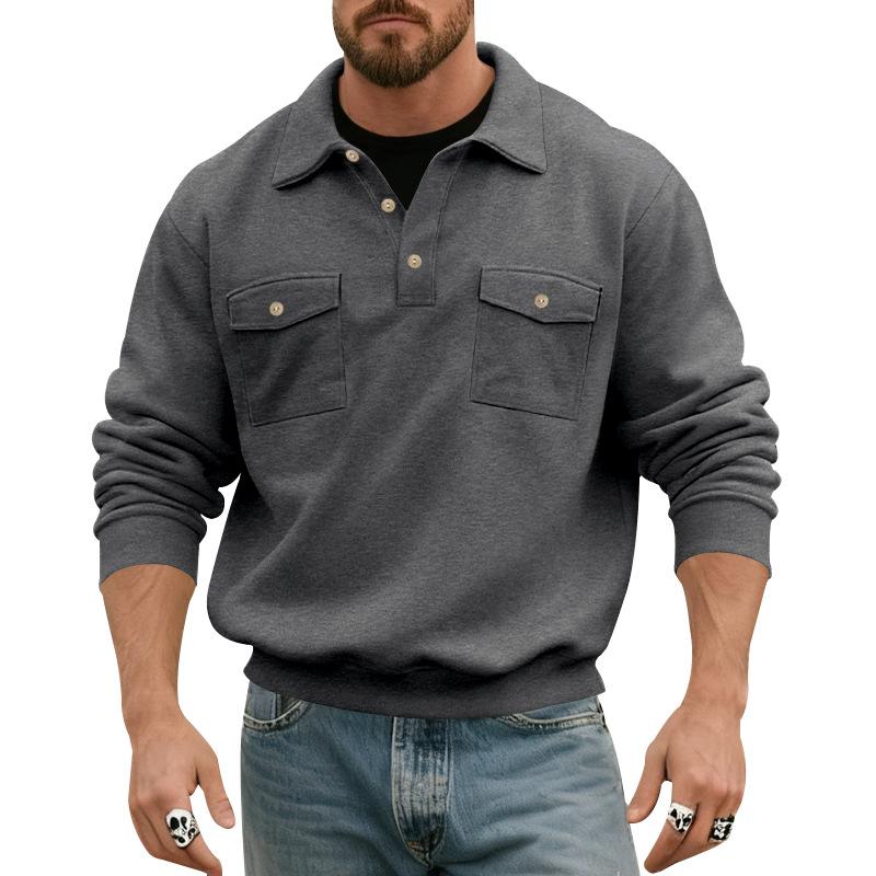 Mens Long Sleeve Polo Collar Casual Workwear Sweatshirt With Pockets
