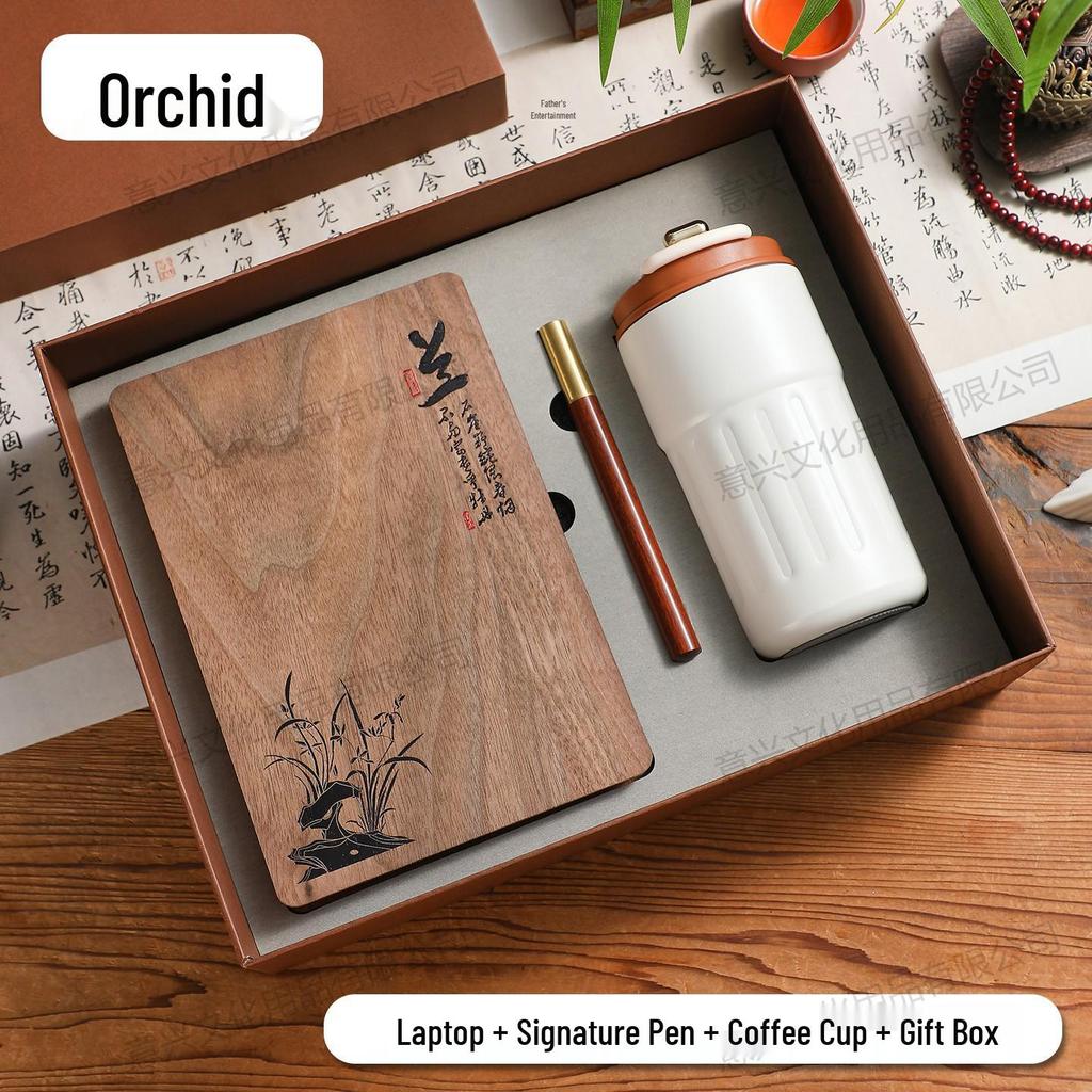 Chinese Style Gift Set: A5 Notebook, Bamboo Insulated Cup, USB Flash Drive, Engraved Gift Box