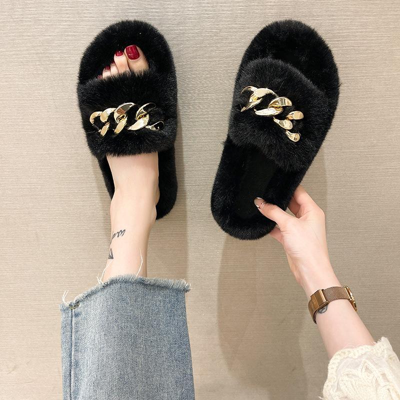Thick-soled Mao Mao slippers women's outer wear 2025 new autumn and winter Mao Mao shoes home chain stepping on shit feeling one-word cotton drag