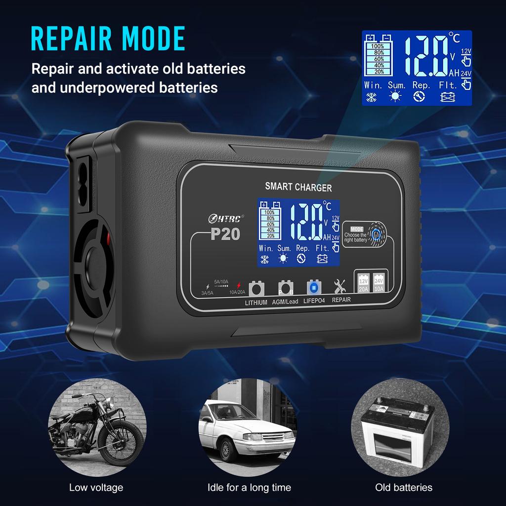 Car Battery Charger 12/24V Fully Automatic Battery Trickle Charger Adjustable Current Lithium Lead-Acid Battery Maintainer