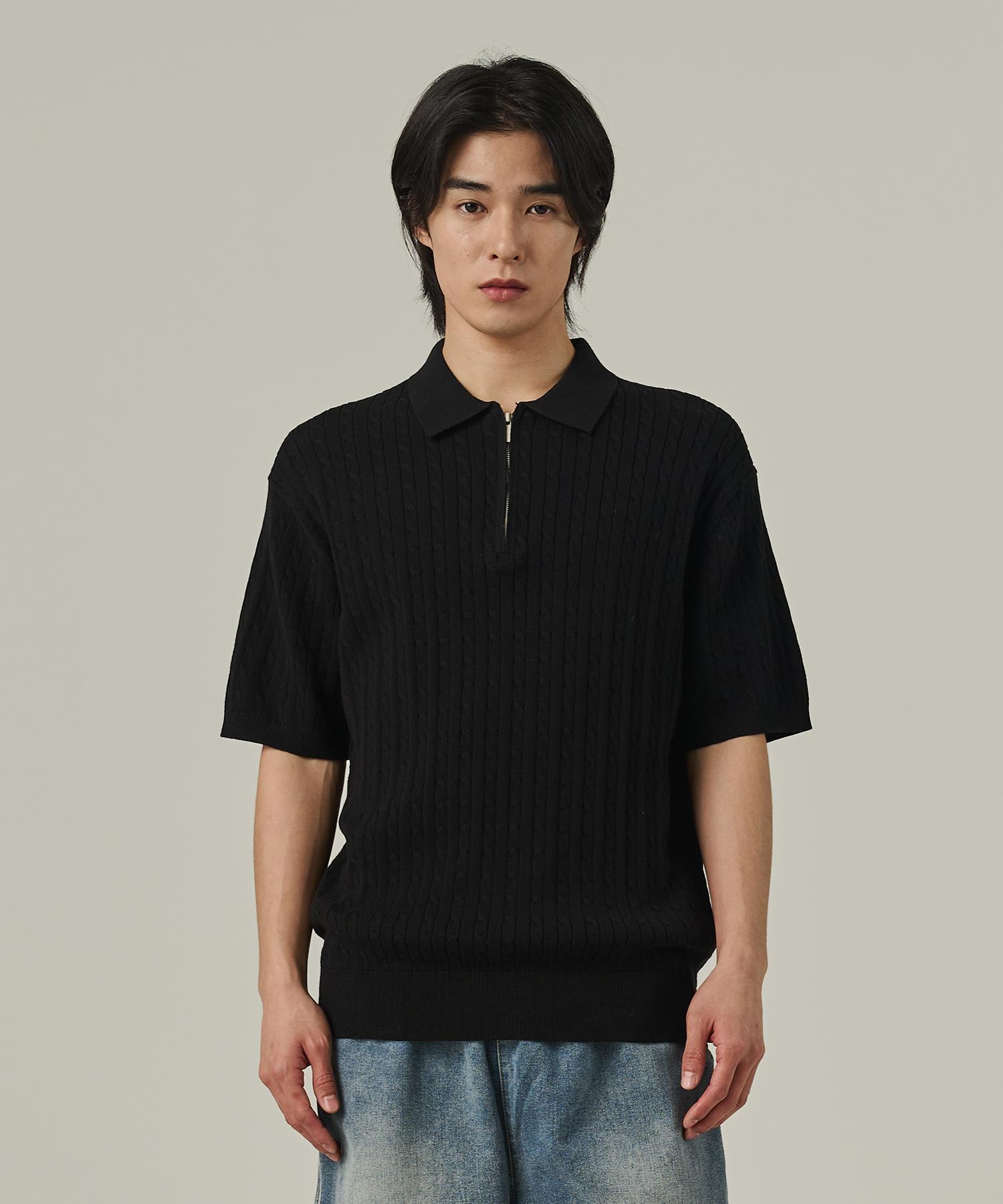 Analog Mood Cable Half-Zip Collar Short-Sleeve Knit (Black) Free