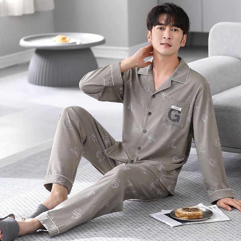 Pajamas Men'S Spring And Autumn Autumn Pure Cotton Long Sleeves Wear Loungewear Men'S Large Size Suit