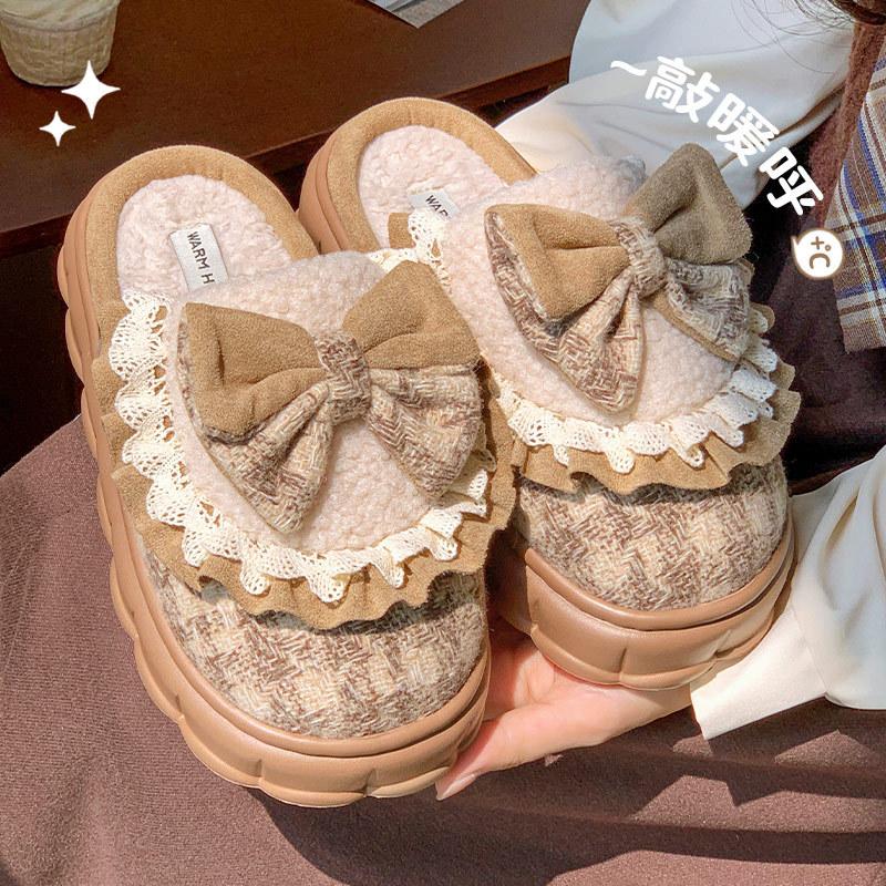 Winter new lace sweet less heart lace bow outer wear indoor velvet warm plush cotton mop cotton shoes