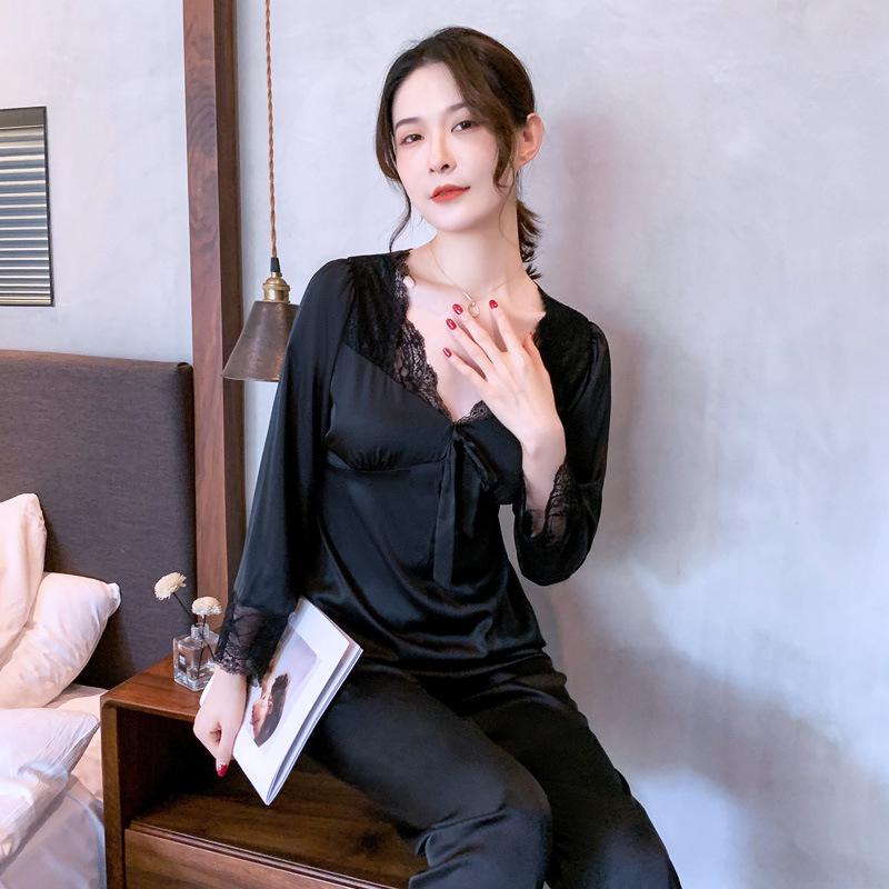 Women's Plus Size Ice Silk Long Sleeve Pajamas with Chest Pads - High-End Feel for Spring, Summer, Fall