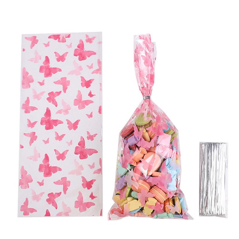 50Pcs Pink Butterflies Cellophane Goody Bags With Silver Twist Ties Plastic Butterfly Candy Bag Treat Bags Party Decor