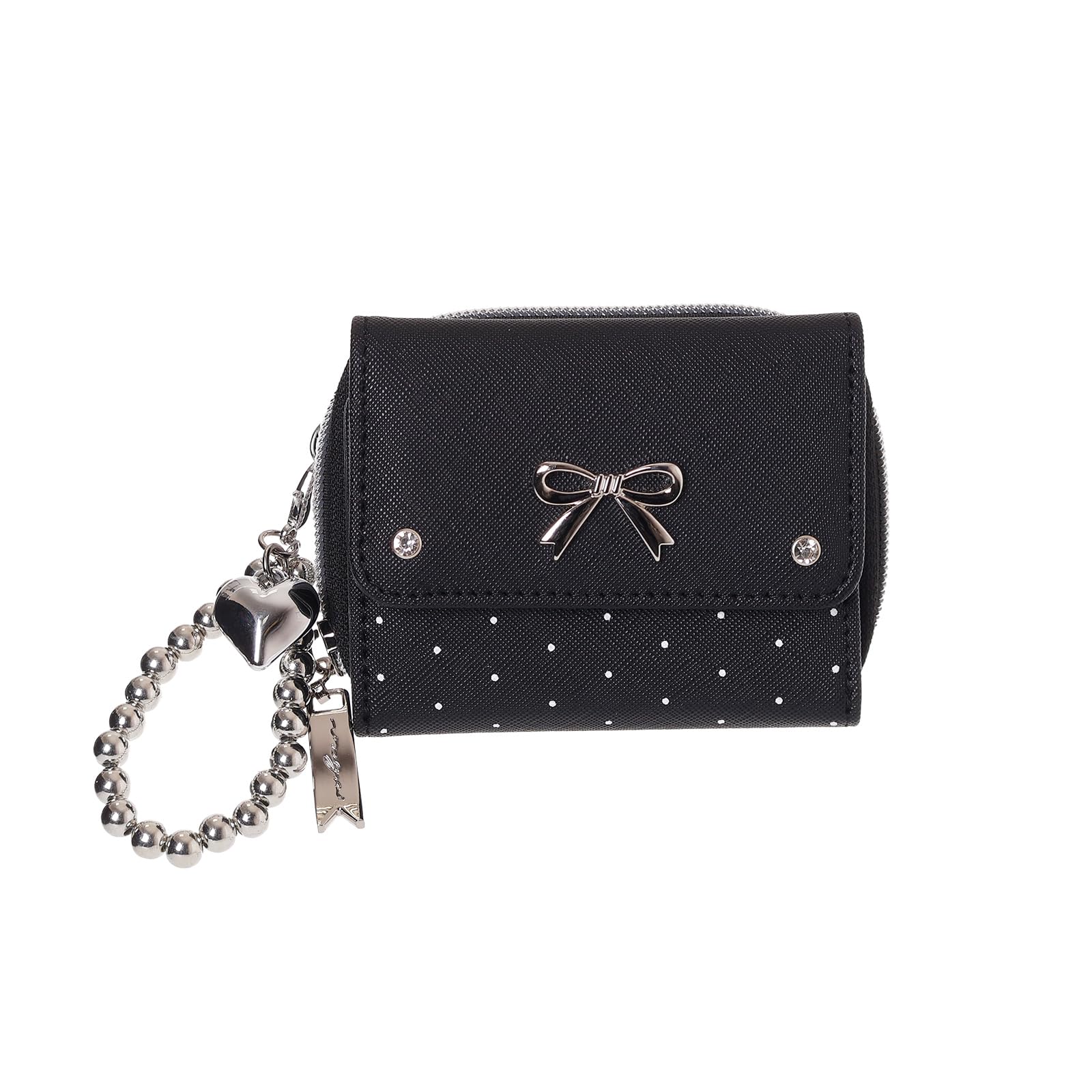 

Coboca+ WC25111 Tri-fold Wallet, Black, with Ribbon, 6 Card Slots, Coin Purse, Polka Dot Pattern, 9cm x 10cm x 3cm, with Bead Charm (Black)