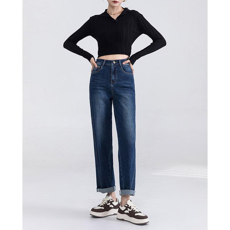 

Новые весенние джинсы свободного кроя с высокой посадкой для женщин, эластичные, универсальные, повседневные и зауженные брюки-морковки для папы 32 синий