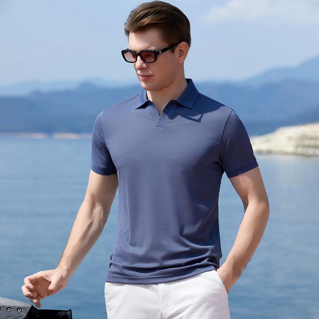 Men's Jacquard Bead Solid Color Collar Short Sleeve Polo Shirt