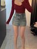 Riveted Faux Denim High-Waist Distressed Mini Skirt - Retro Style, Slim Fit