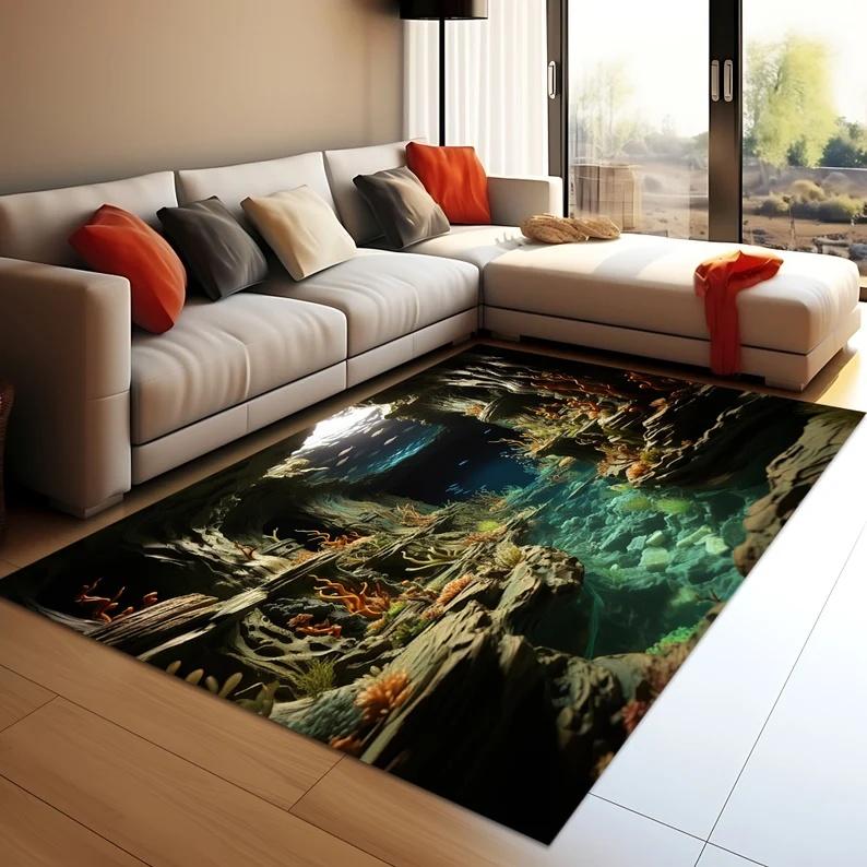 Visual 3D Carpet Forest Natural Decoration Rug Living Room Bedroom Vibrant Carpet Winter Warmth Foot Mat