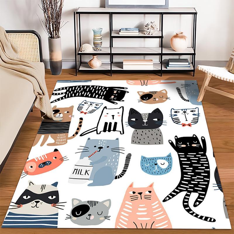 Cartoon Cat Pattern Area Rug - Cute Cats with Striped and Playful Designs" Suitable for use as an anti-slip1 for1room and bedroom sofas