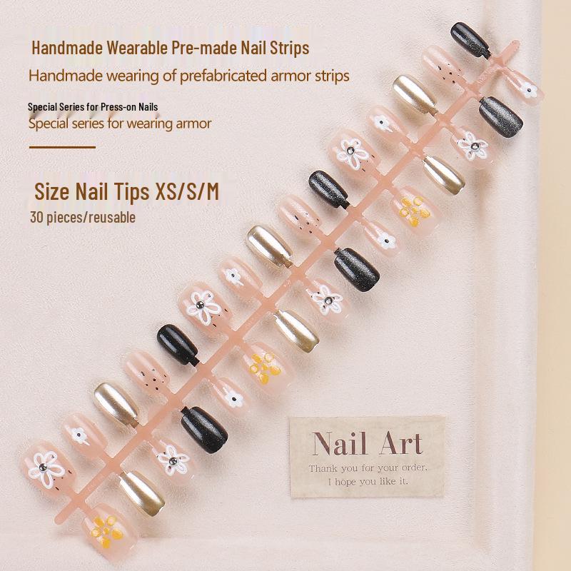 

Handmade 3D Floral Mirror Powder Press-On Nails with Nail Art Stickers Glue Type