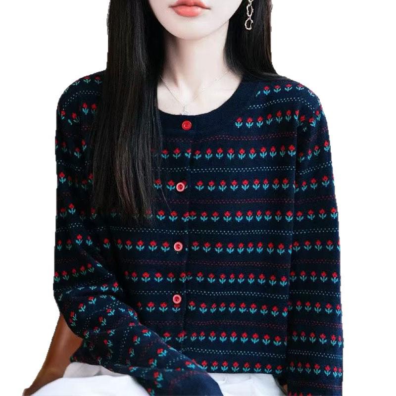 Mom's Retro Floral Jacquard Cardigan - 2025 Autumn/Winter Women's Round Neck Knit Sweater