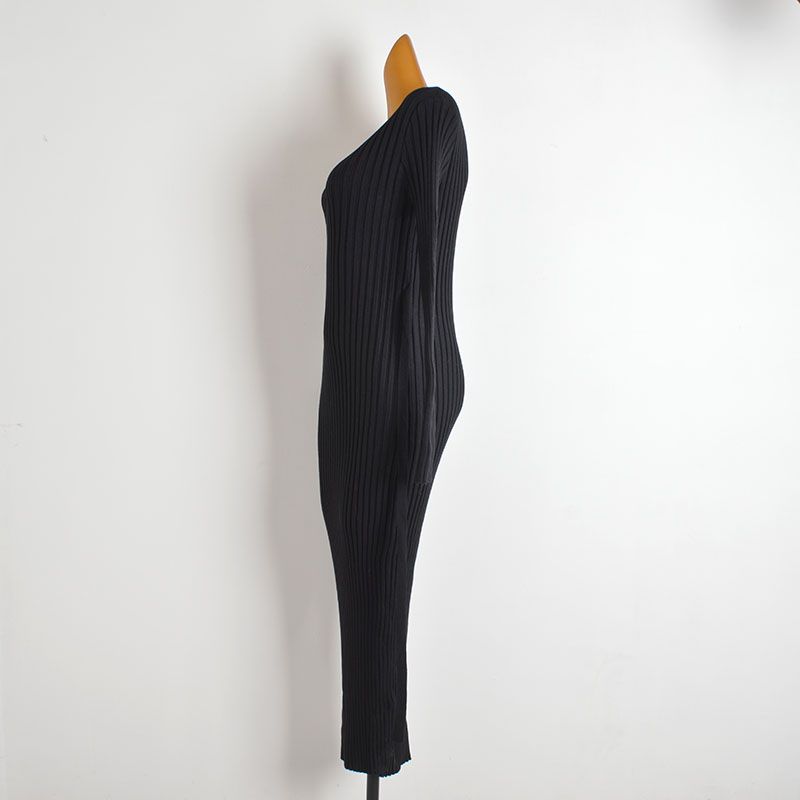 French Style New Arrival Solid Color and V-neck Sunken Stripe Long Sleeves Knitting Dress Women's Clothing Fall/Winter Slim Slim Looking Base Dress