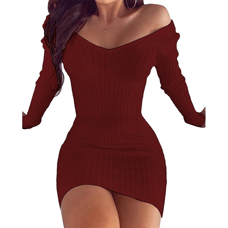Autumn and Winter Women's V Neck Long Sleeves Slim Thin Hip Dress Warm Sweater