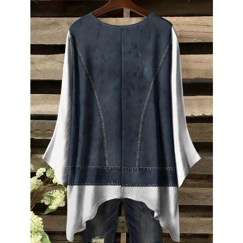 Fashionable New Round Neck Large Size Imitation Butterfly Denim Fake Two Piece Pattern Print Women's Top (No Accessories)