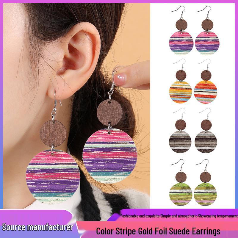 

Bohemian Retro Colorful Striped Suede and Wood Leather Earrings