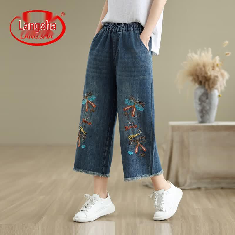 LangSha Women s Loose Embroidered High-Waist Wide-Leg Jeans XL