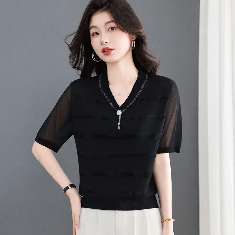 Women's Summer V-Neck Mesh Sleeve Knit Top