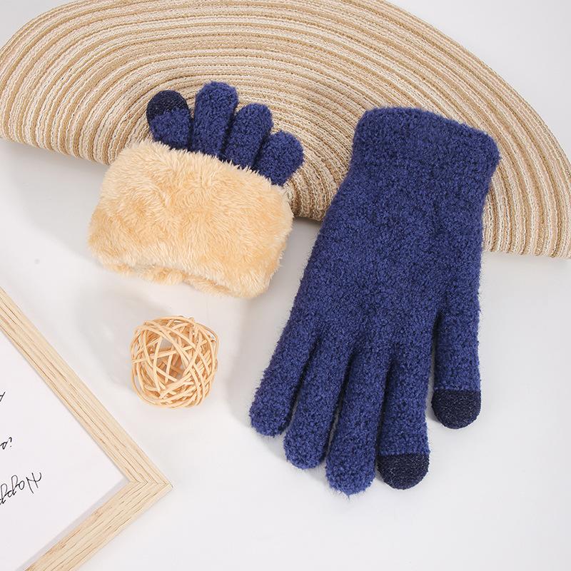 Autumn and winter women's warm and cold-proof knitted gloves plush wool thickened double-layer outdoor touch screen thickened warm