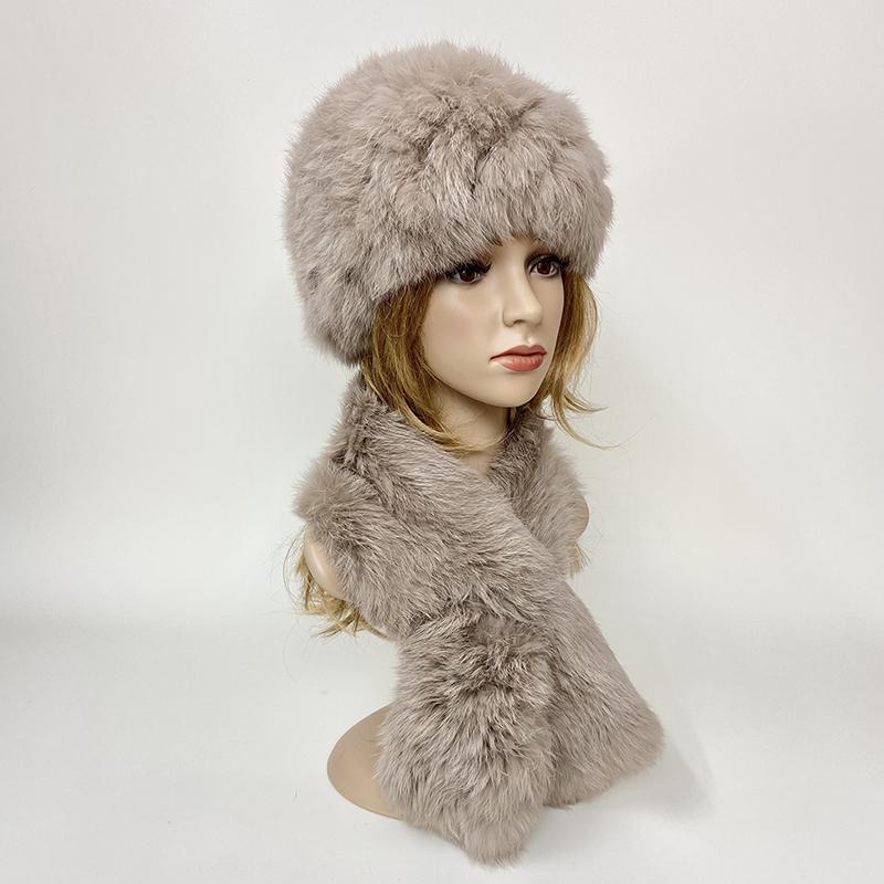 Winter Warm Rabbit Fur Hat Scarf Set Natural Fur Knitted Shawl High Elastic Women Beanie