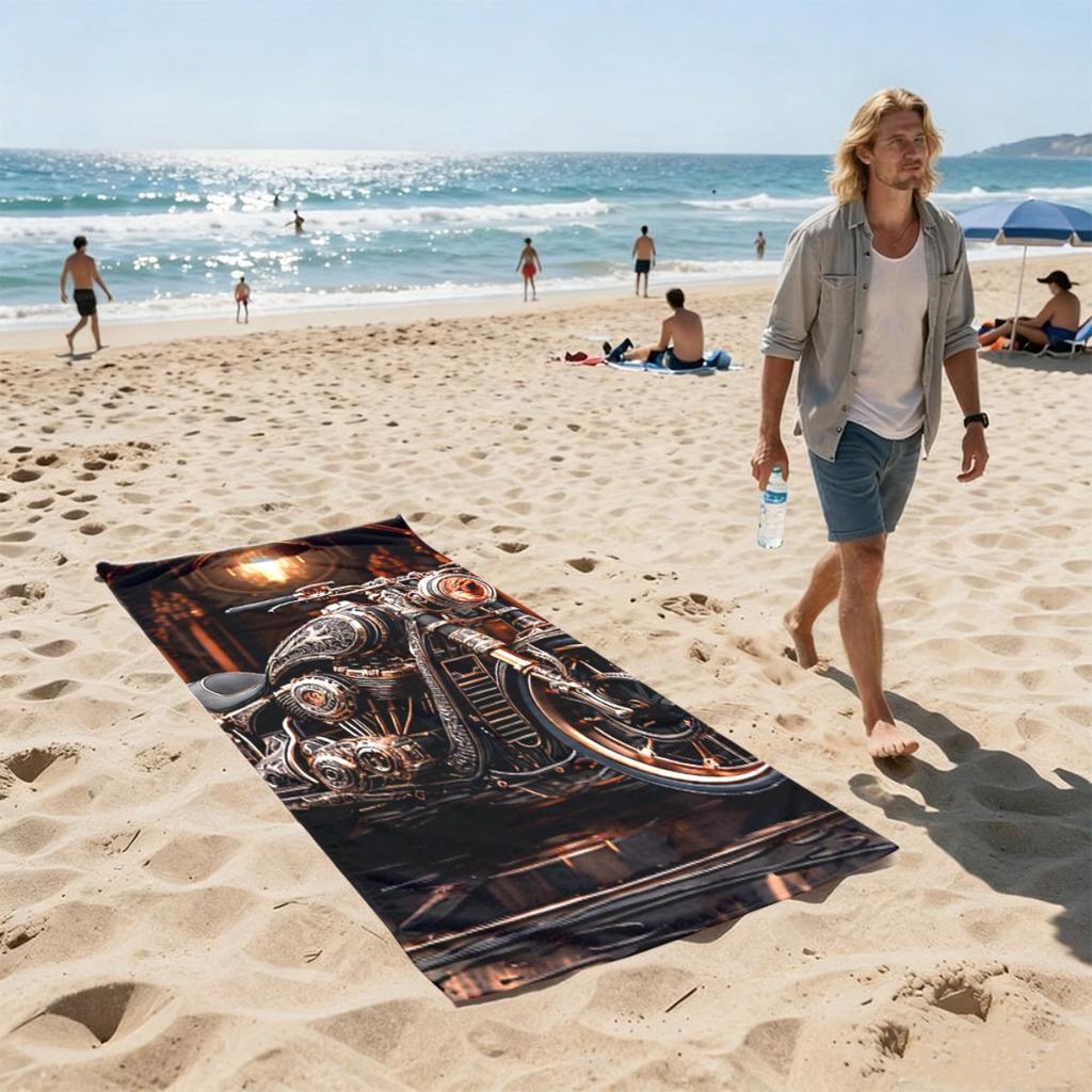 Steam-punk style cruising motorcycle polyester microfiber beach towel is highly absorbent, suitable swimming and beach outings