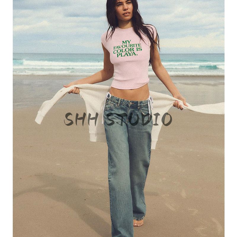 Spring and Summer New Women's Clothing Minimalist Easiest for Match Multi-Color American Printing Super Short Sleeve round Neck T-shirt 0085323