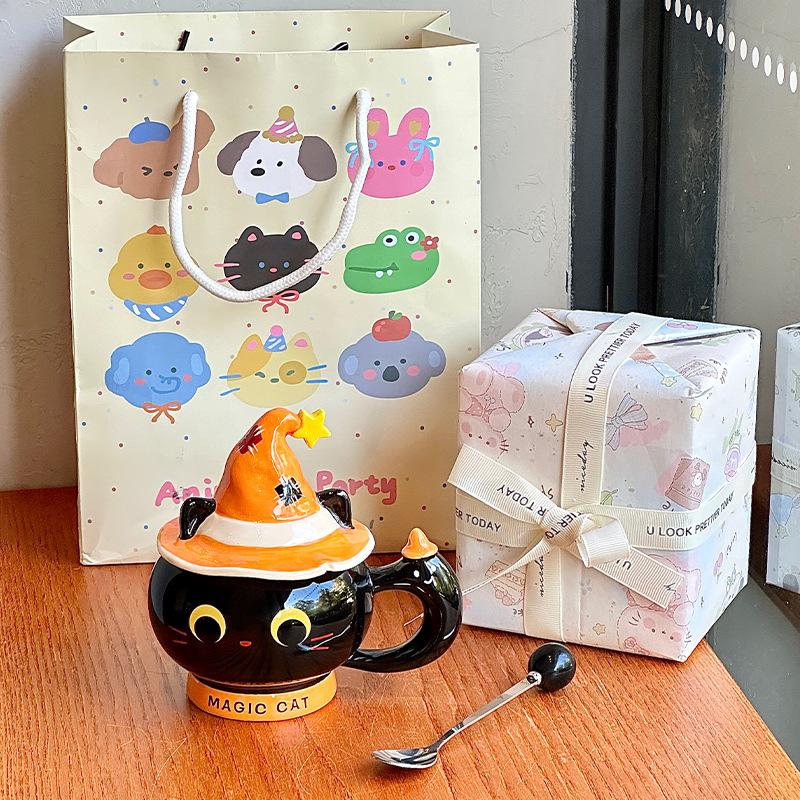 Creative Halloween gift magic hat cat ceramic mug with lid for girls practical mug souvenir gift box