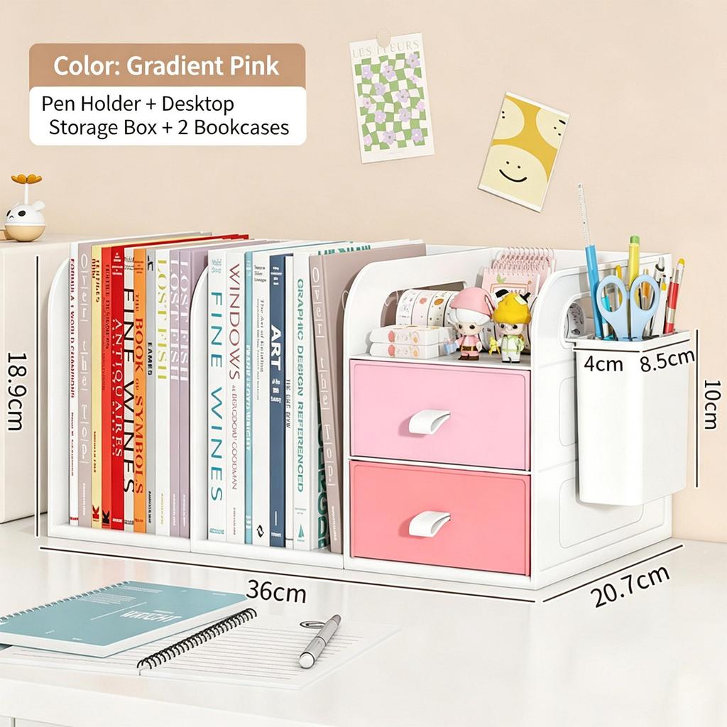 Desktop Bookshelf Organizer with Drawers and Pen Holder Desk Storage Caddy for Office Supplies Books Stationery Home Office School Dorm Desk Organizer